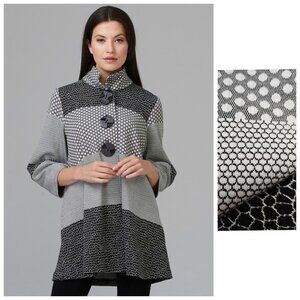 Joseph Ribkoff Sweater Jacket Longline Eclectic Art to Wear Black Gray Off White